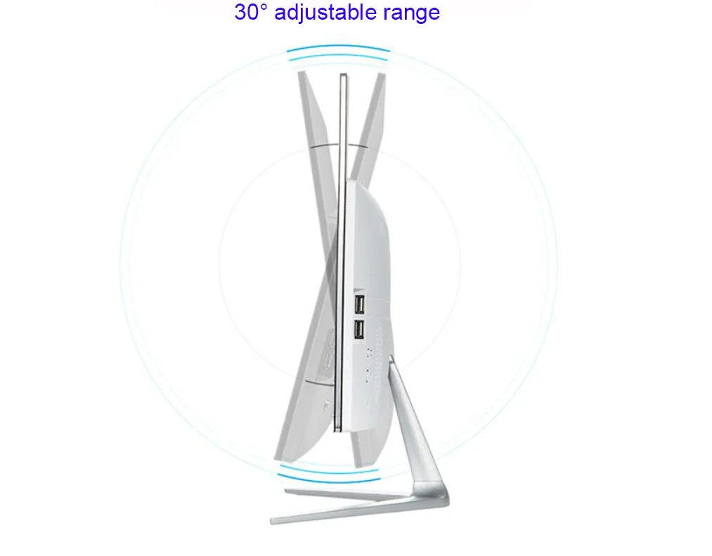Side view of a sleek white all-in-one computer monitor with a 30-degree adjustable range. It features multiple USB ports and stands on a minimalist metal base.
