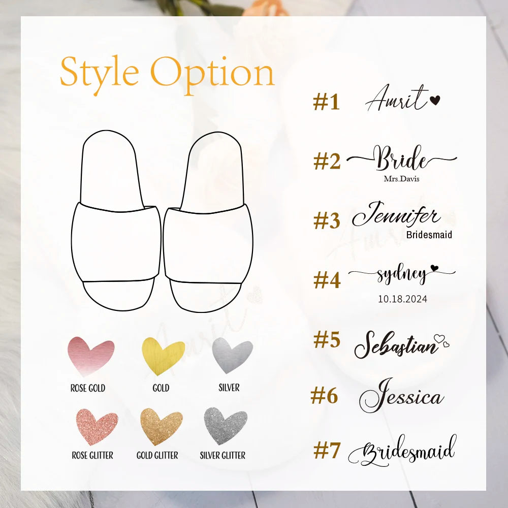 Illustration of slide sandals with customized text styles and heart color options in rose gold, gold, and silver. Text styles numbered 1 to 7, with decorative fonts.