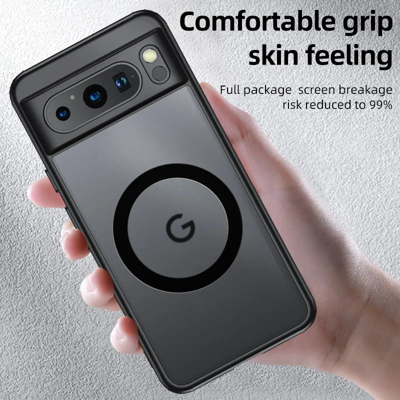 A hand holds a smartphone in a black protective case. Text highlights "comfortable grip" and claims a 99% reduction in screen breakage risk. The phone has a circular logo.
