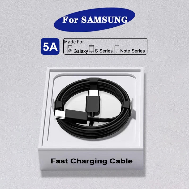 Black fast charging cable in a white box, labeled for Samsung Galaxy, S Series, Note Series. Features 5A current for rapid charging.