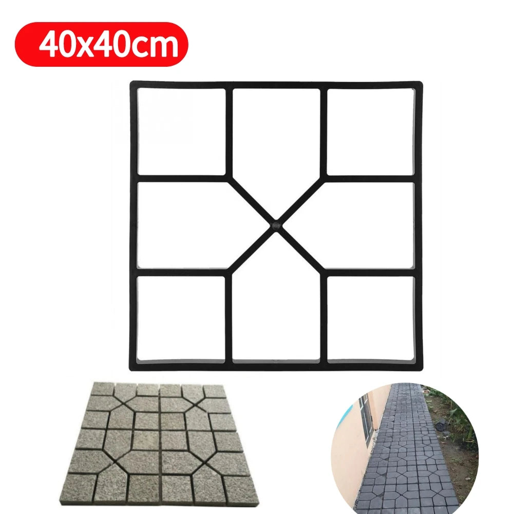 Black 40x40cm paving mold with geometric pattern shown above a finished stone path. Inset image shows a similar path alongside a building and garden.