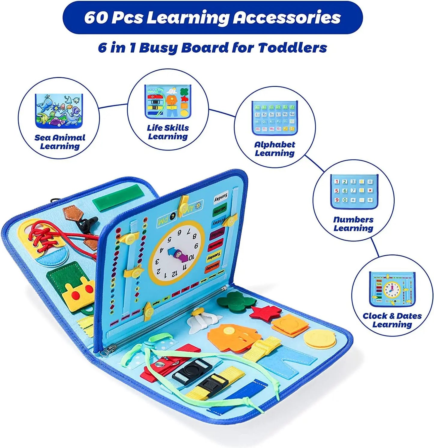 6-in-1 busy board for toddlers featuring activities like sea animal, life skills, alphabet, numbers, and clock learning. Includes 60 learning accessories for interactive play.