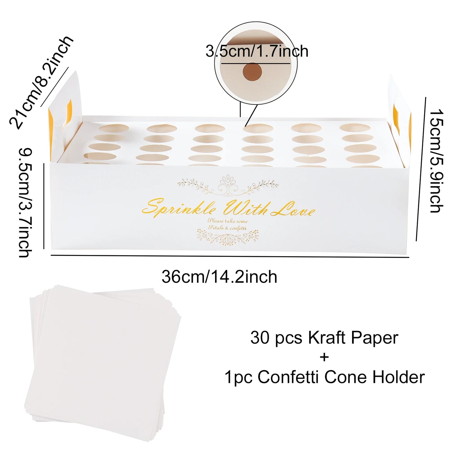 White box titled "Sprinkle With Love" with holes for confetti cones, dimensions labeled. Comes with 30 pieces of kraft paper and a cone holder.