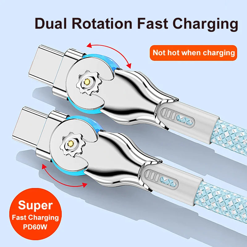 Dual rotation fast-charging cable with metallic connectors, featuring a woven design and "not hot when charging" functionality. Highlighted with "Super Fast Charging PD60W."