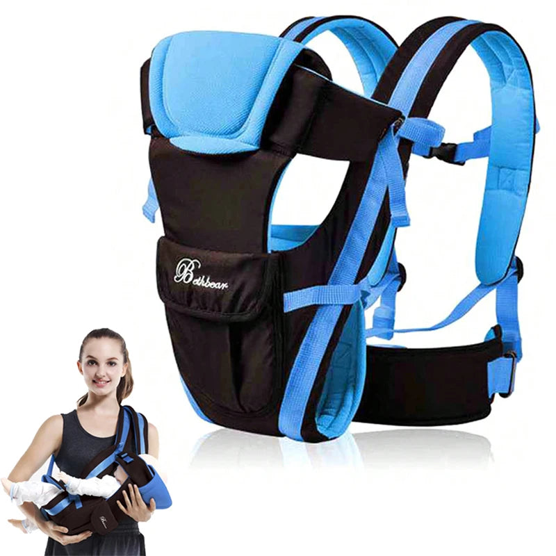A blue and black baby carrier with adjustable straps and head support. An inset shows a person demonstrating its use, holding a baby in the carrier.