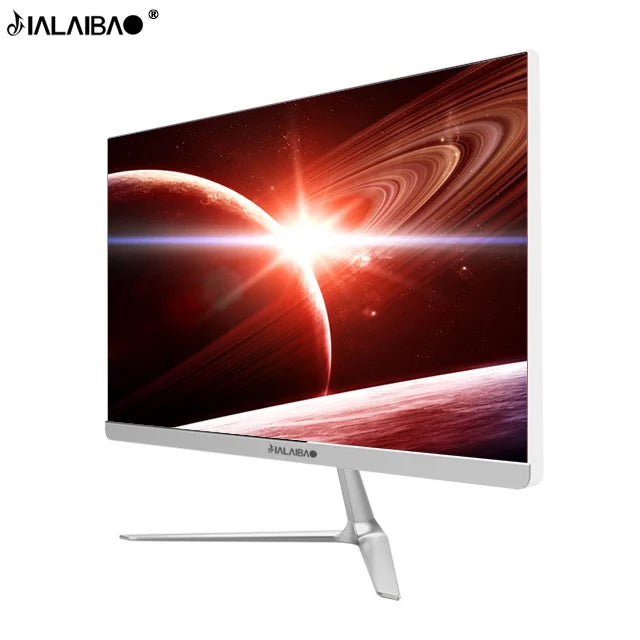 A sleek computer monitor displaying a vivid space scene with a planet, rings, and a bright light. The monitor has a thin silver bezel and a modern stand.