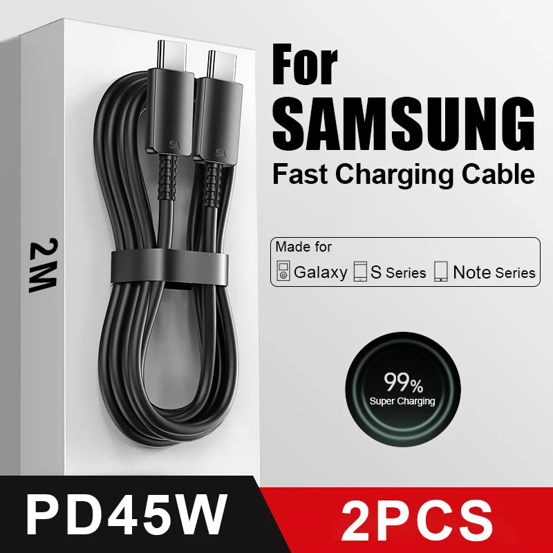 2-meter fast charging cable for Samsung Galaxy, S Series, and Note Series, PD45W, 2-pack. Black design with 99% supercharging efficiency highlighted.