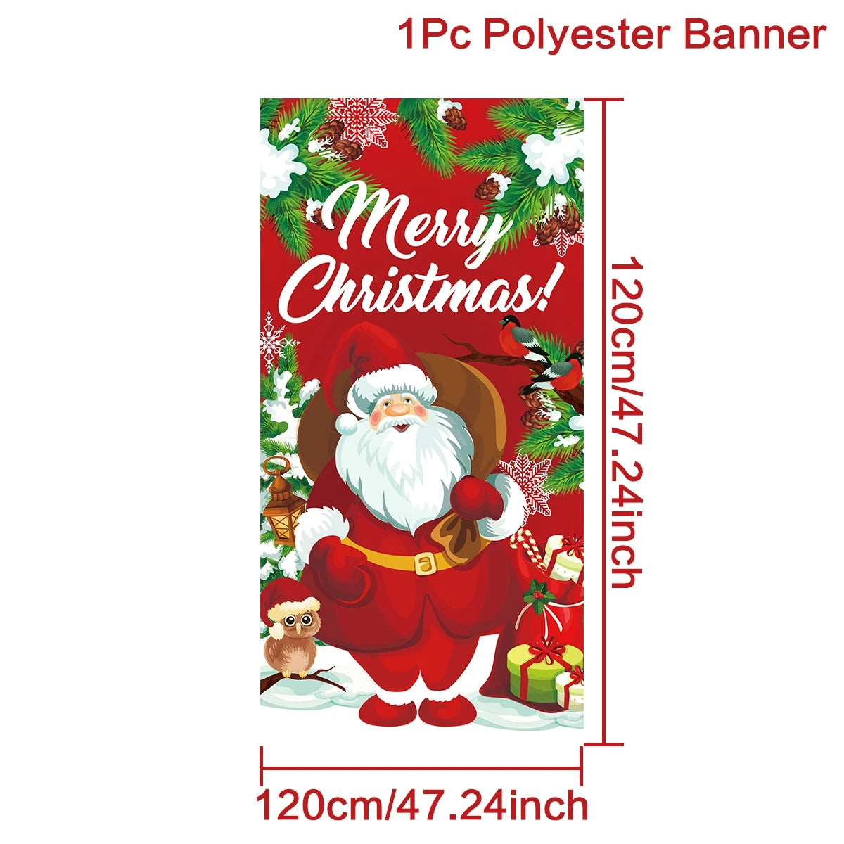 Red Christmas banner with Santa Claus holding a sack, surrounded by gifts, an owl, and greenery. Text reads "Merry Christmas!" Dimensions are 120cm by 120cm.