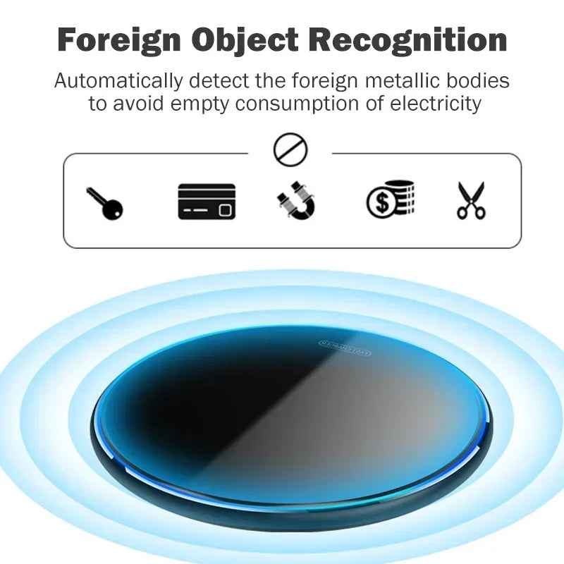 A wireless charging pad with "Foreign Object Recognition" text. Icons indicate detection of metallic items like keys and coins to prevent wasted electricity. Blue light effect surrounds pad.