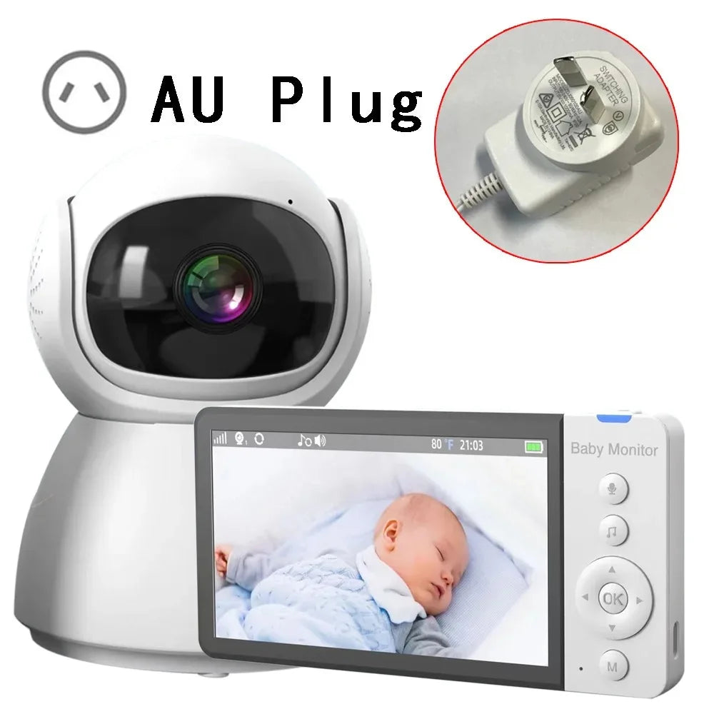 White baby monitor with camera and screen showing a sleeping baby. Includes AU plug adapter.