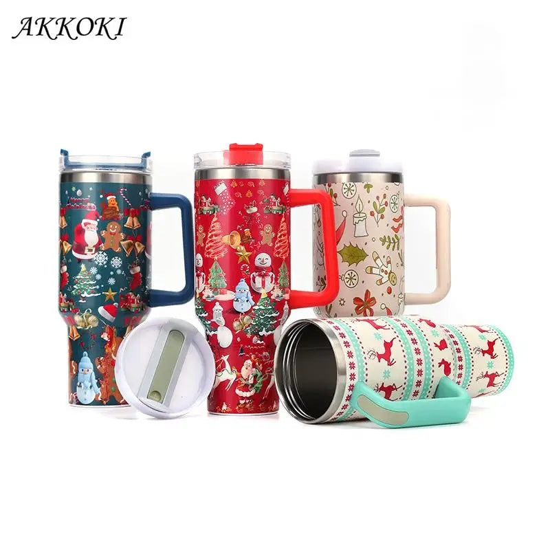 Festive thermal mugs and bottles with holiday-themed designs, featuring snowmen, reindeer, and Christmas trees. Each has colorful handles and removable lids.