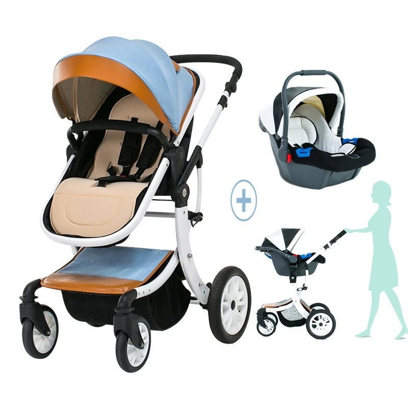 Modern baby stroller with brown and blue accents, convertible with a car seat. Illustration shows a woman pushing the stroller in two configurations.