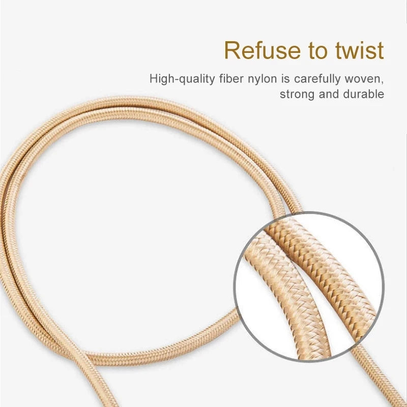 Close-up of a gold braided nylon cable, highlighted in a circular inset. Text reads: "Refuse to twist. High-quality fiber nylon is carefully woven, strong and durable."