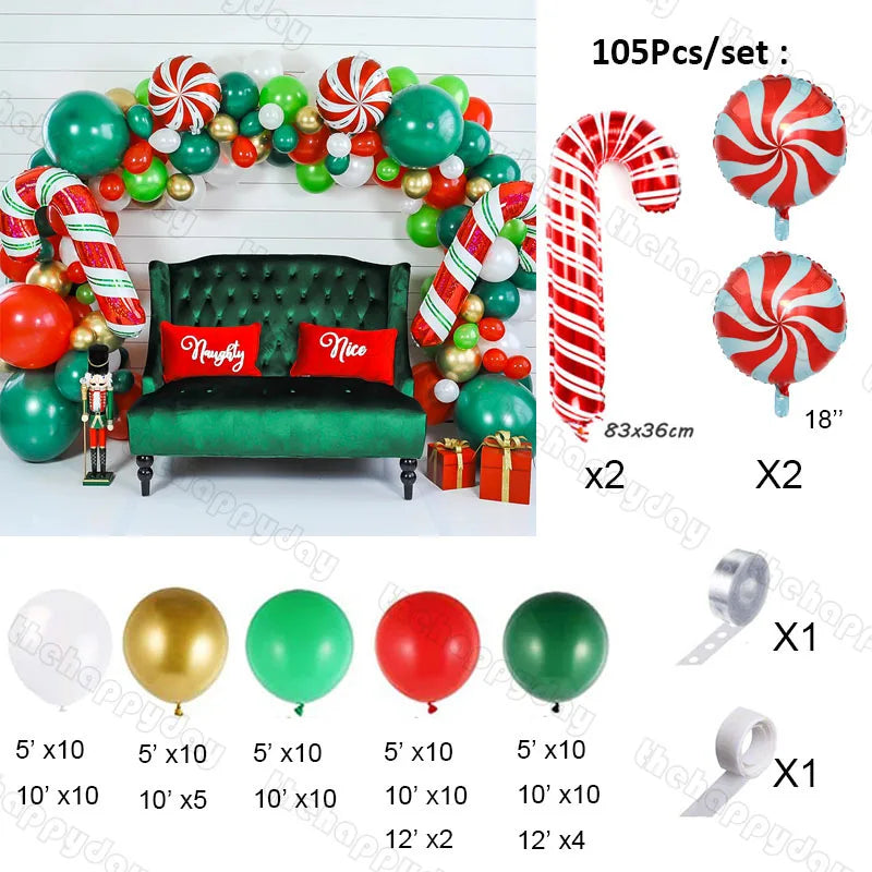 Christmas-themed balloon decoration set with a green couch, red and gold pillows labeled "Naughty" and "Nice," nutcracker figure, candy cane and candy swirl balloons, plus assorted balloons.