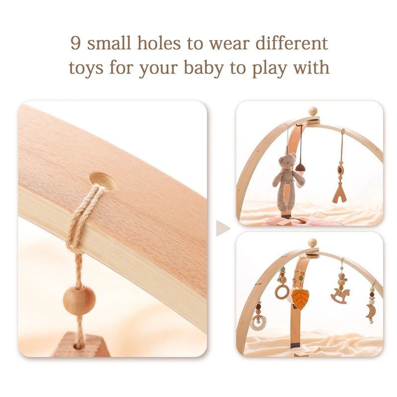Wooden baby play gym with nine small holes for hanging toys. Includes a close-up of a string through a hole and two views of the gym with various hanging toys.