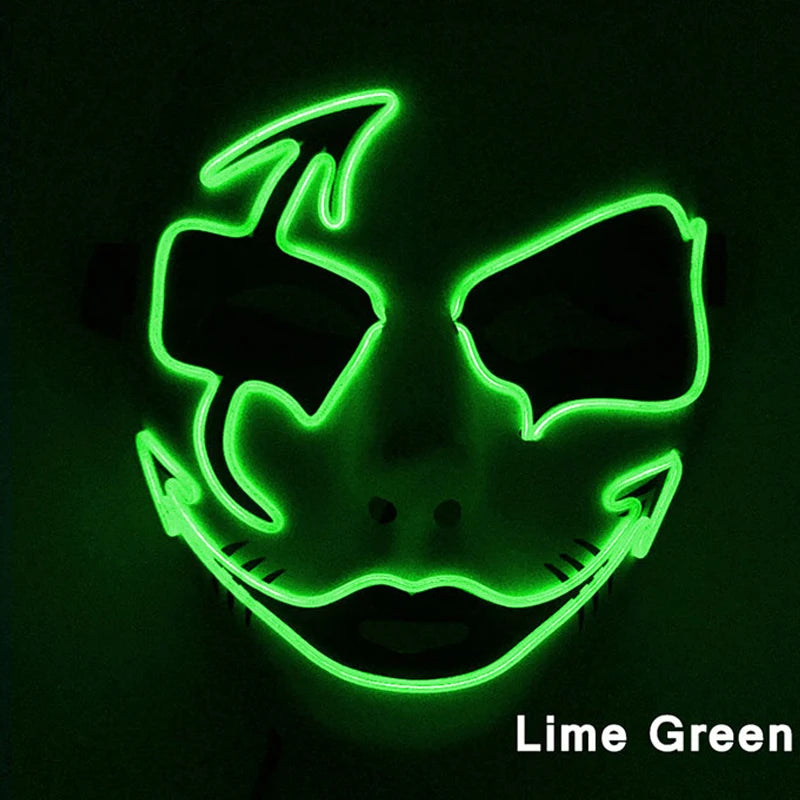 A glowing neon mask with bold lines outlines stylized, exaggerated features in lime green on a dark background. The words "Lime Green" are in the bottom right corner.