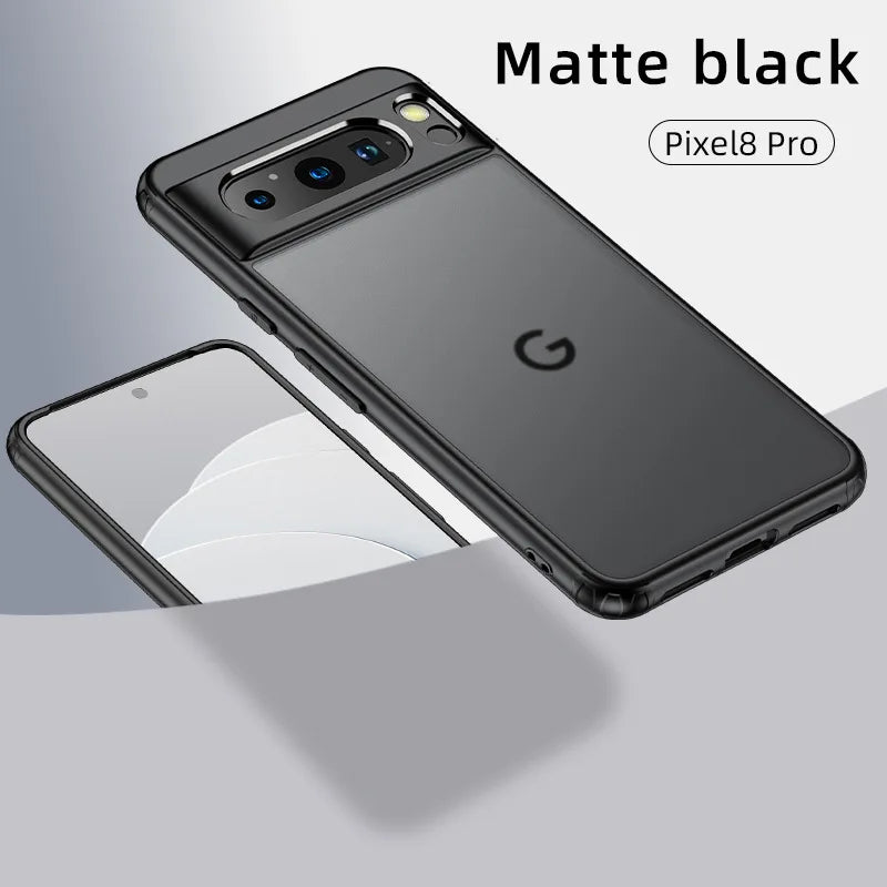 Matte black Pixel 8 Pro smartphone showcasing a sleek design with a triple-lens rear camera and logo on the back. Front screen visible in the foreground.