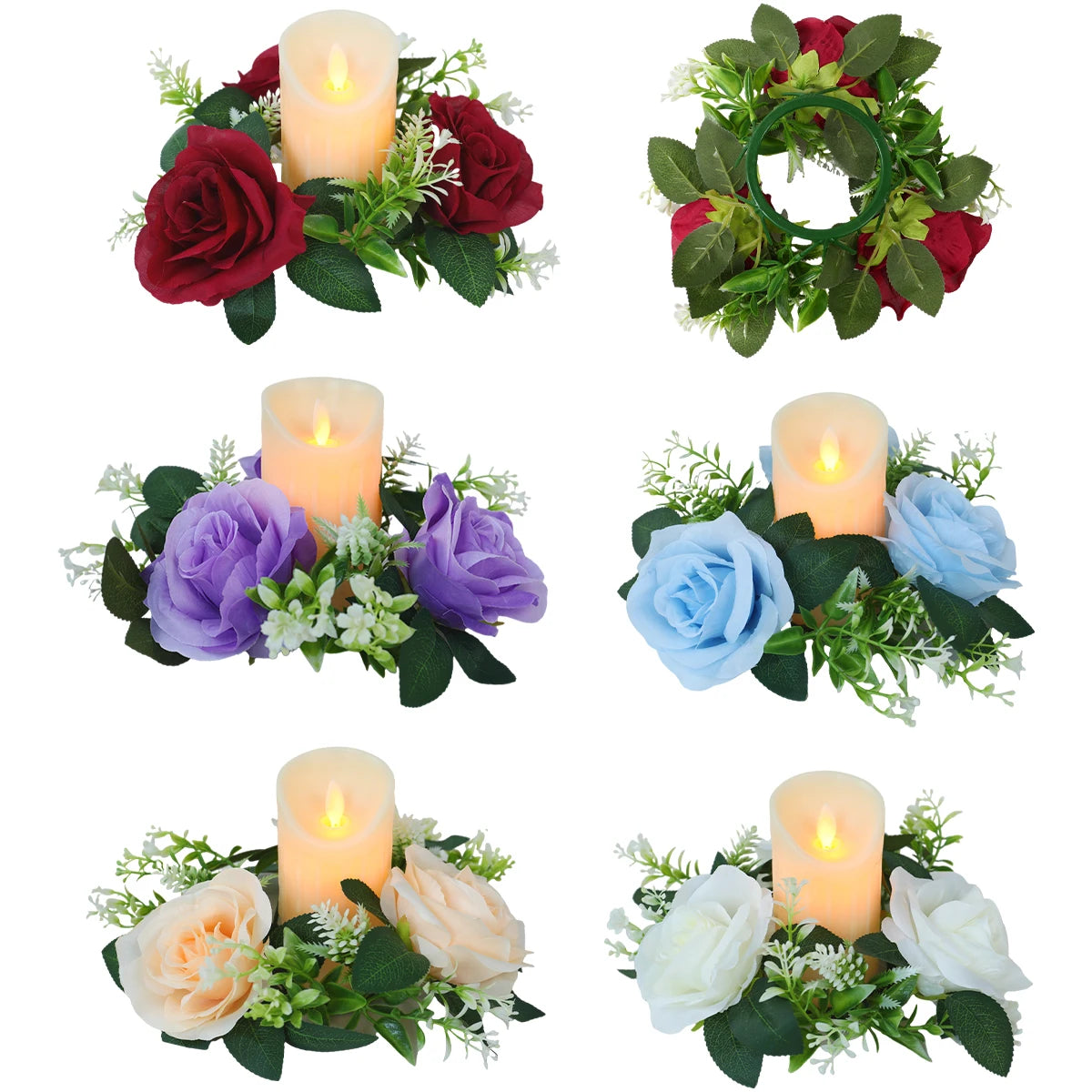 Six candle holders with artificial flowers arranged around LED candles. Flowers include red, purple, blue, peach, and white roses with green leaves and small white blossoms.