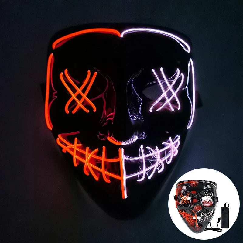 Illuminated LED mask with neon purple and orange lines creating cross eyes and a stitched smile. A small image overlay shows the mask and battery pack. Perfect for parties.