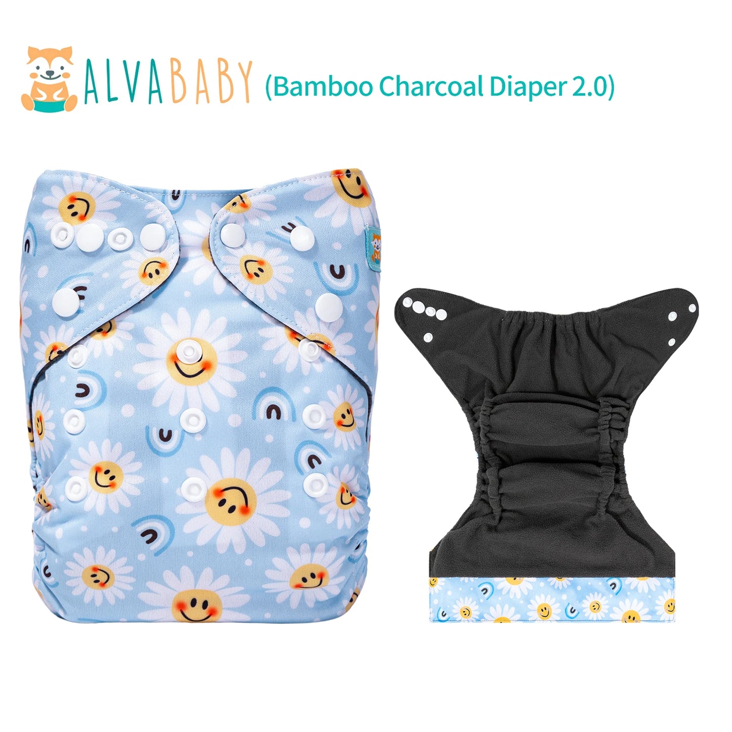 Reusable cloth diaper with a blue background featuring smiling daisies and rainbows. It includes adjustable snaps and a dark inner lining, labeled "ALVABABY Bamboo Charcoal Diaper 2.0."