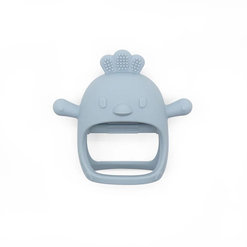 Blue silicone baby teether shaped like a bird with nubs on its head, small round eyes, protruding arms, and an open mouth design.