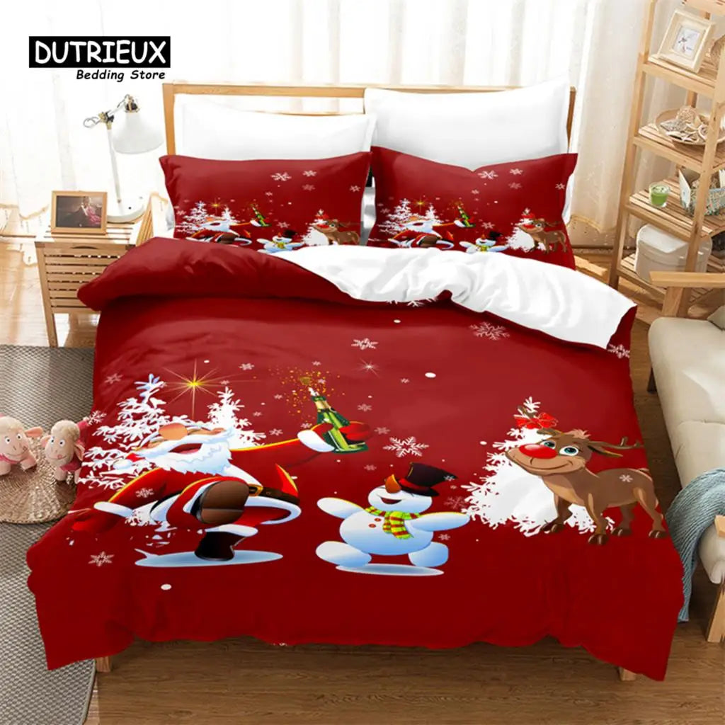 Festive red bedding set featuring Santa, a snowman, and a reindeer amid snowflakes and snowy trees. Pillows match the vibrant, playful Christmas theme.