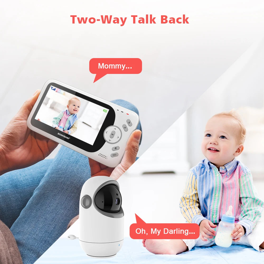Baby monitor ad showing two-way talk. A baby in a colorful outfit holds a bottle, with speech bubbles between the monitor in an adult's hands and a camera.