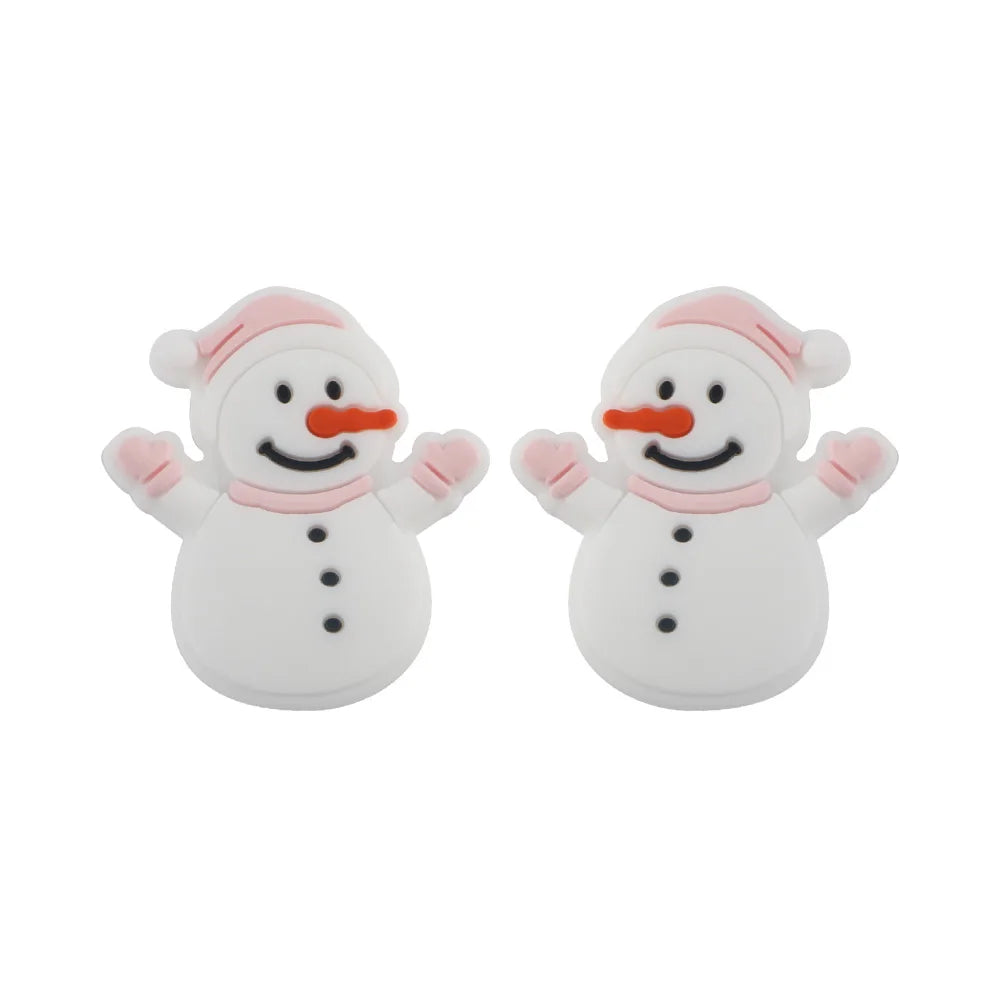 Two cartoon snowmen with pink hats and mittens, orange carrot noses, and black button eyes and buttons, standing side by side and smiling against a white background.