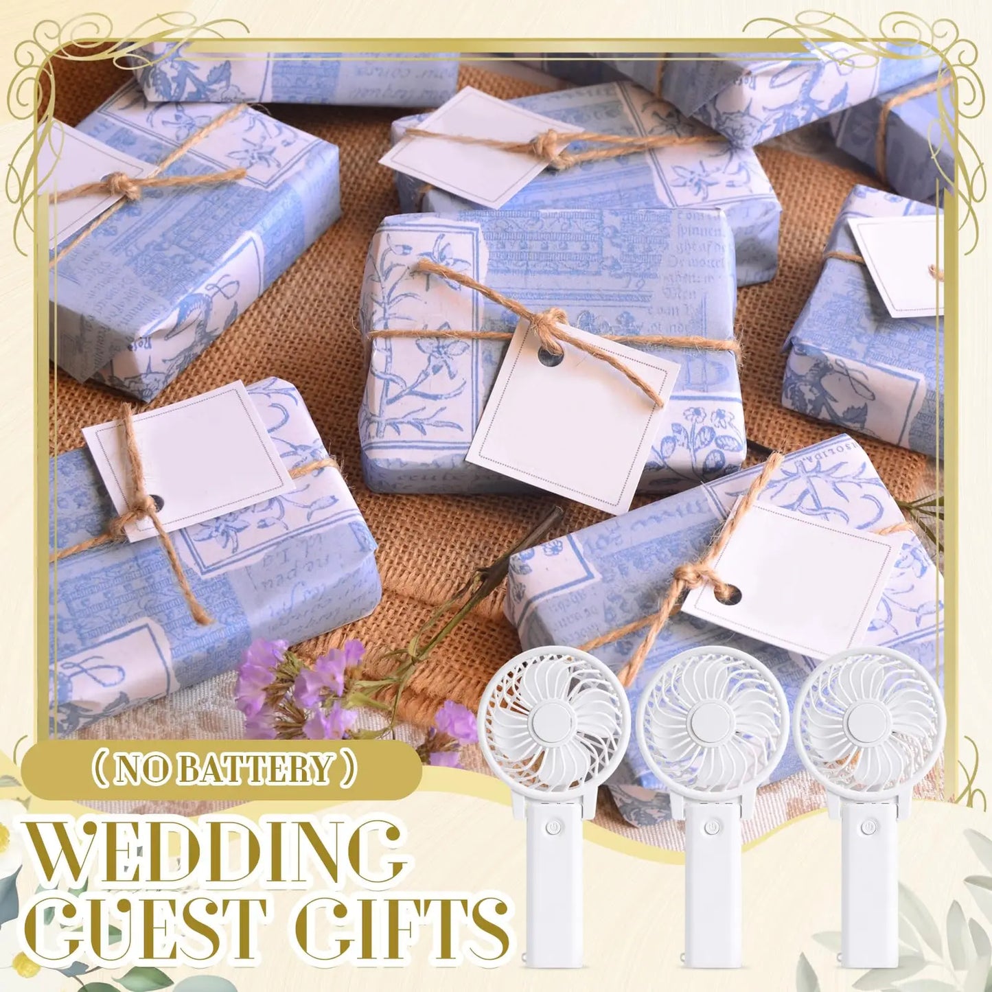 Beautifully wrapped wedding guest gifts with blue floral paper and twine, featuring blank tags. Below, portable white mini fans are displayed. Text: "(No Battery) Wedding Guest Gifts."