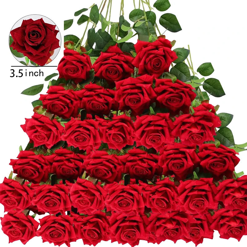 A cluster of vibrant red roses arranged in a pyramid shape, each measuring 3.5 inches wide, with lush green leaves interspersed among the blooms, set against a white background.