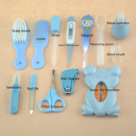 A baby care kit containing a scalp brush, comb, straw, digital thermometer, earpick, measuring spoon, nasal aspirator, glove brush, tweezers, nail file, nail clippers, fillet scissors, and water thermometer.
