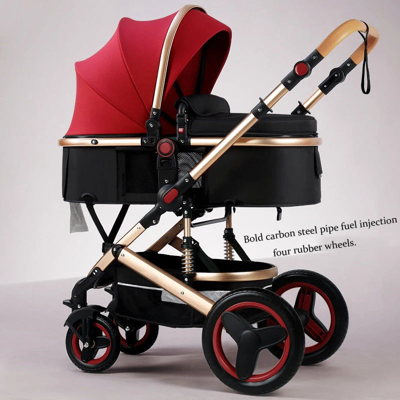 Red and black baby stroller with a gold frame, featuring a canopy and four red-accented rubber wheels. The handle is adjustable and there's mesh storage underneath.