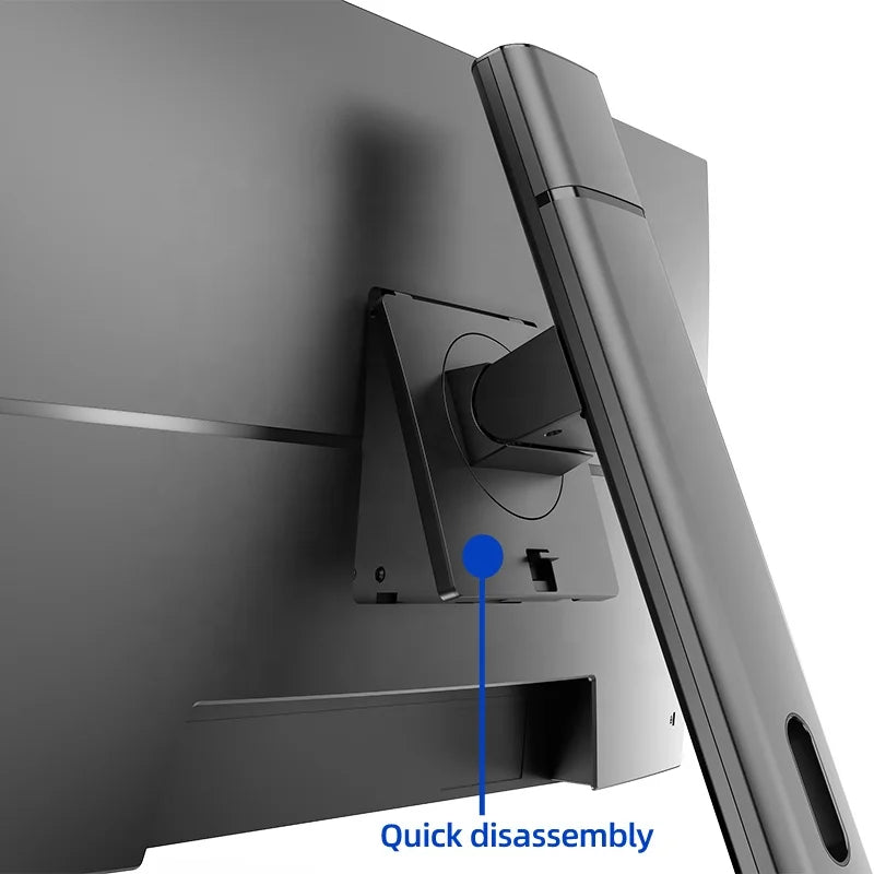 Back view of a computer monitor with a stand, showing a highlighted feature for quick disassembly. The stand appears easily detachable for convenient setup or transport.