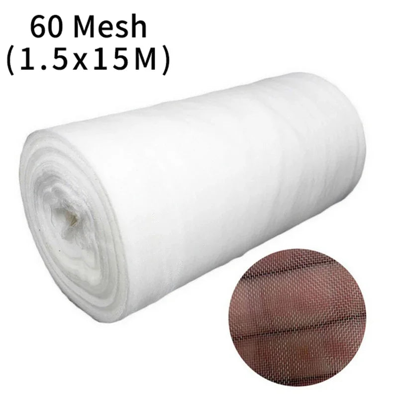 Roll of white 60 mesh fabric, measuring 1.5x15 meters, with a close-up of the mesh pattern showing fine netting.