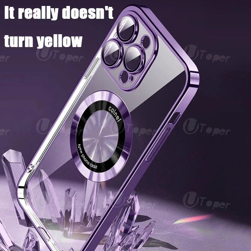 Purple phone case with a magnetic ring stands on crystal shards. The text reads, "It really doesn't turn yellow," highlighting the case's clarity and durability.