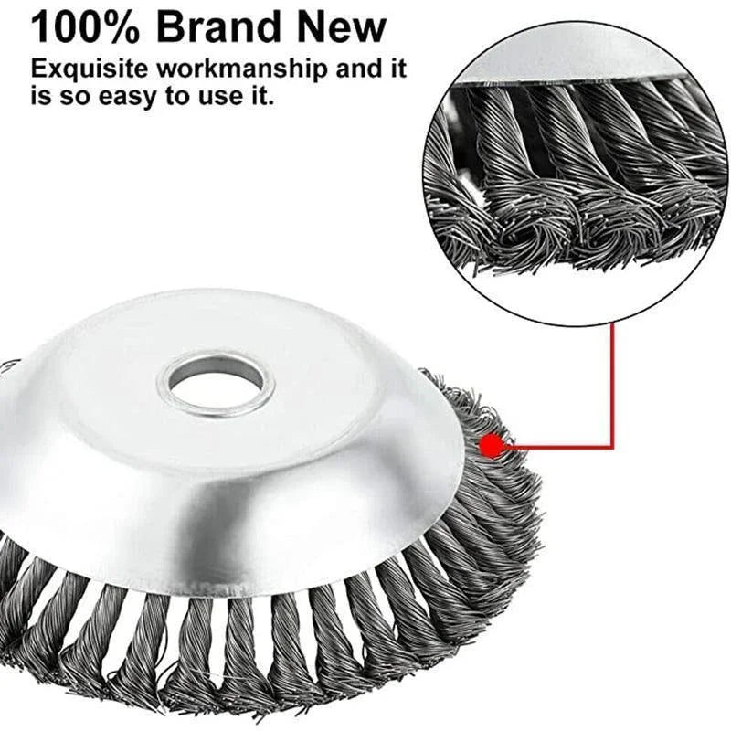 Steel wire brush head with twisted bristles, designed for surface cleaning. The text reads "100% Brand New" and highlights its ease of use and exquisite workmanship.