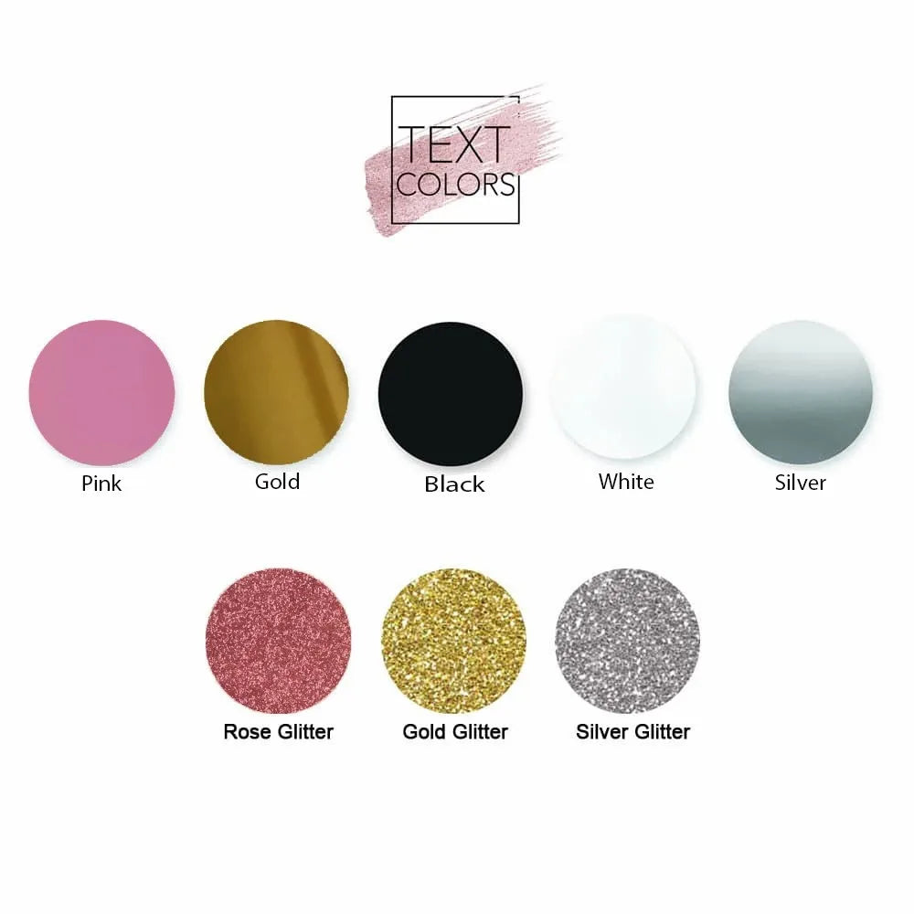 Color options depicted in circles: pink, gold, black, white, silver, rose glitter, gold glitter, and silver glitter, labeled for text design purposes.