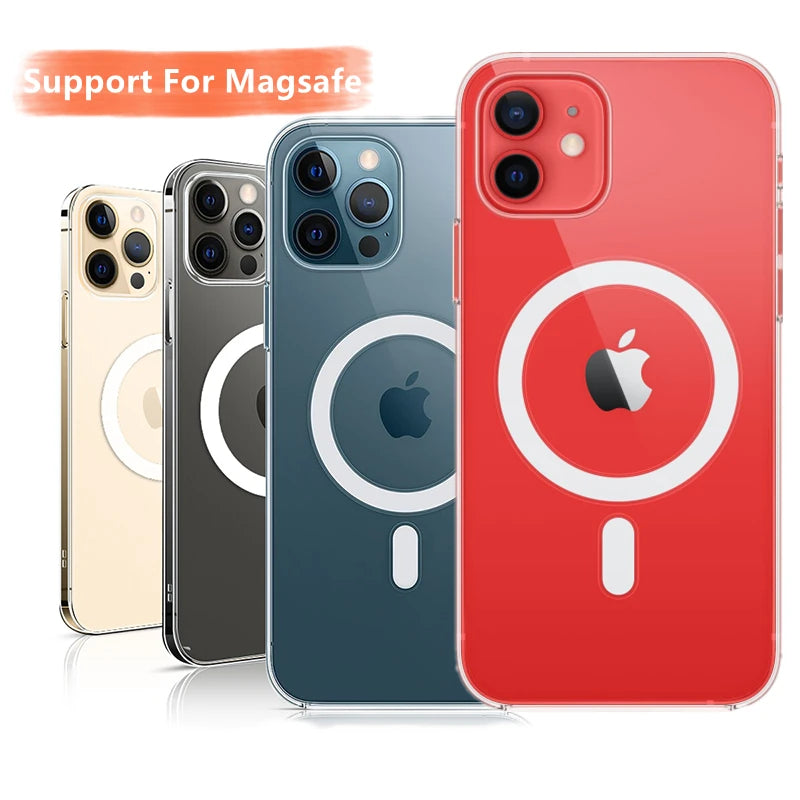 Four iPhones in different colors, including gold, graphite, blue, and red, are displayed with MagSafe-compatible cases. The cases feature a circular design on the back.