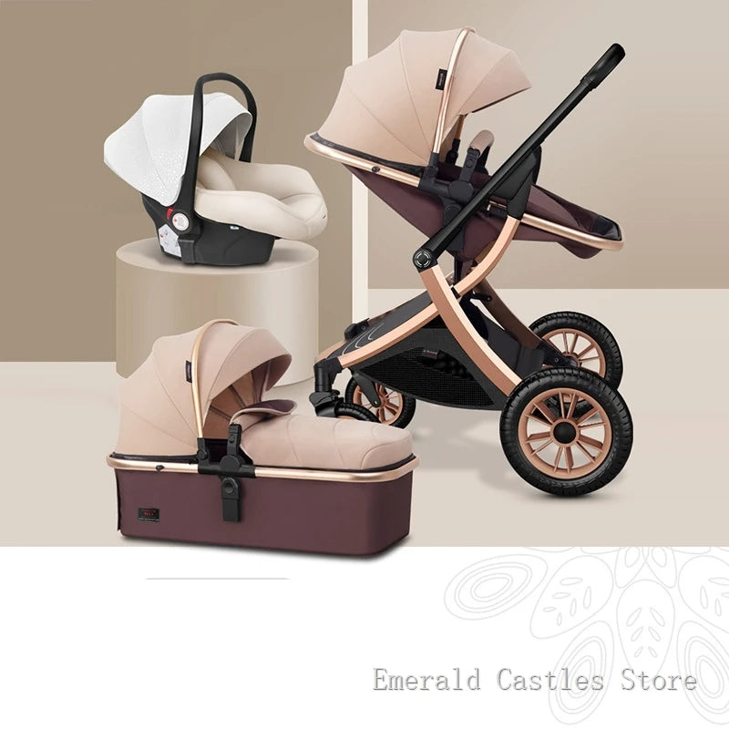 Stylish beige and brown baby travel system with a stroller, car seat, and bassinet showcased on a neutral background. Elegant design with rose gold accents.