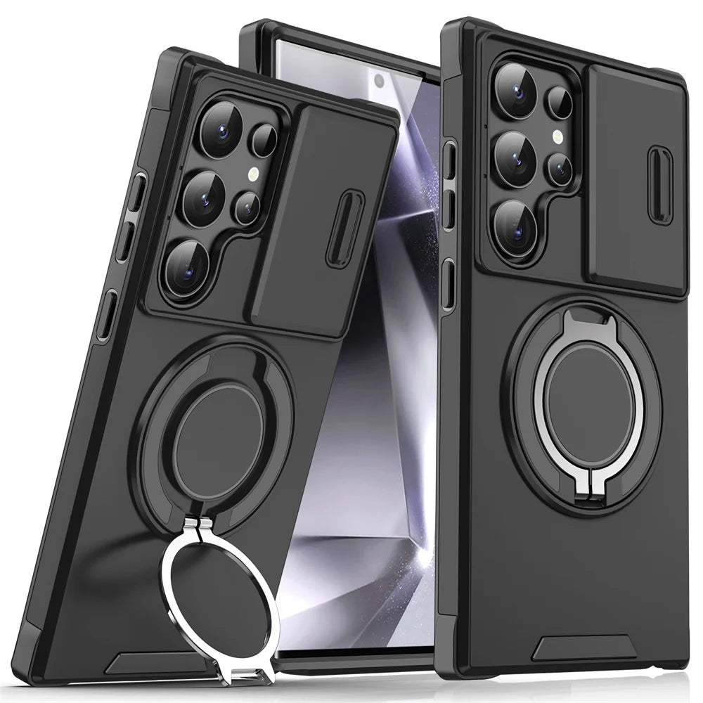 Dual black phone cases with a ring stand and sliding camera cover, protecting a smartphone with multiple rear lenses. The cases have precise cutouts for buttons and features.