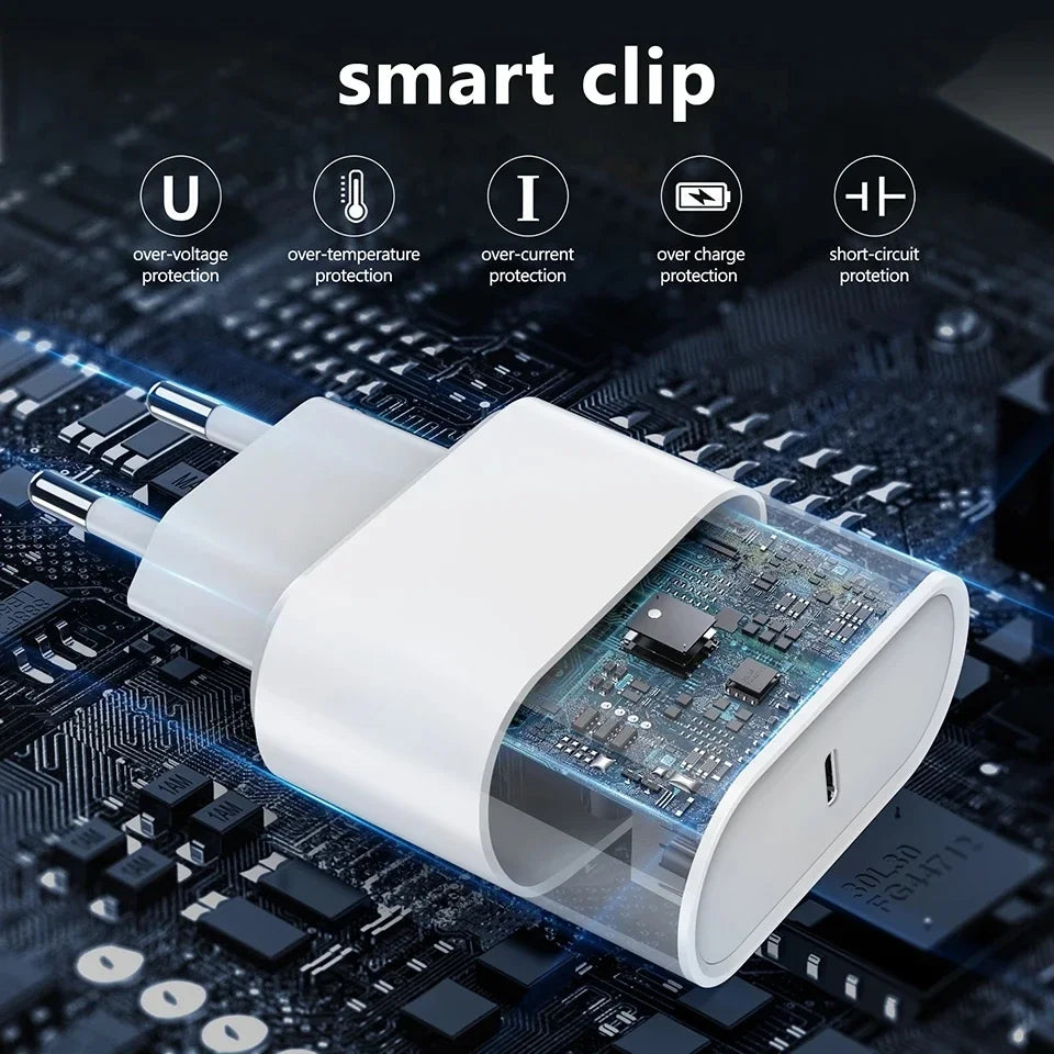 Transparent USB charger showcasing internal circuitry on a circuit board background, with labels indicating protections: over-voltage, over-temperature, over-current, over-charge, short-circuit.