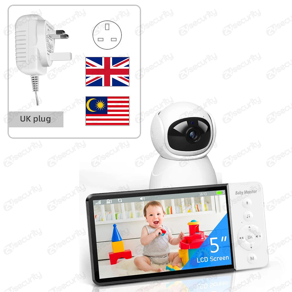 Baby monitor system with a white camera and a 5-inch LCD screen showing a smiling baby playing with blocks. Includes a UK plug compatible with UK and Malaysia flags.