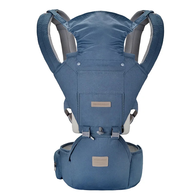 Blue ergonomic baby carrier with padded shoulder straps, adjustable buckles, and a supportive waist belt. Made of durable fabric, it provides comfort for both parent and child.