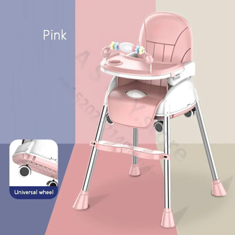 Pink high chair with a cushioned seat, adjustable tray, and universal wheels. Features playful star-shaped toys on the tray. Background in color blocks of pink and purple.