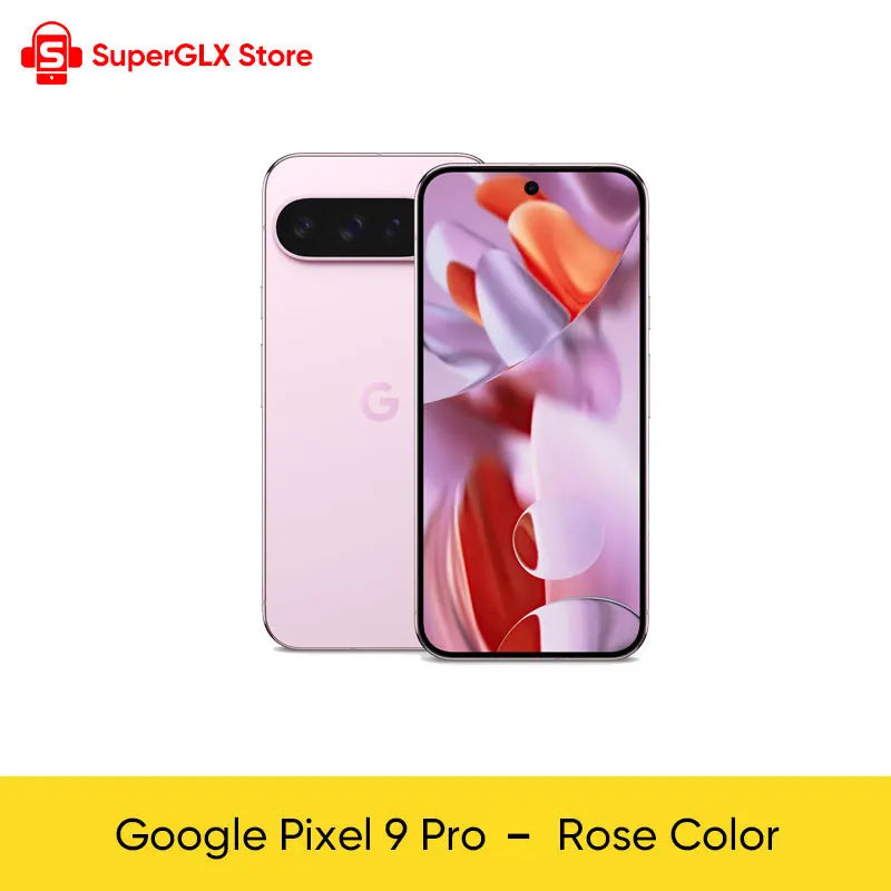 Google Pixel 9 Pro in rose color displayed with a vivid, abstract screen design. Brand logo "SuperGLX Store" visible above. Text below reads "Google Pixel 9 Pro – Rose Color".