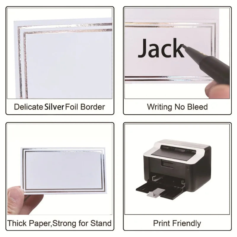Name cards with silver foil borders, showcasing features: no bleed writing with marker, thick and sturdy paper, suitable for printing.