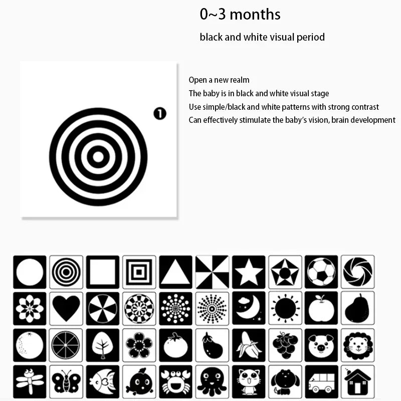 Black and white visual stimulation cards for infants aged 0-3 months. Includes geometric shapes, stars, and animals designed to enhance vision and brain development.