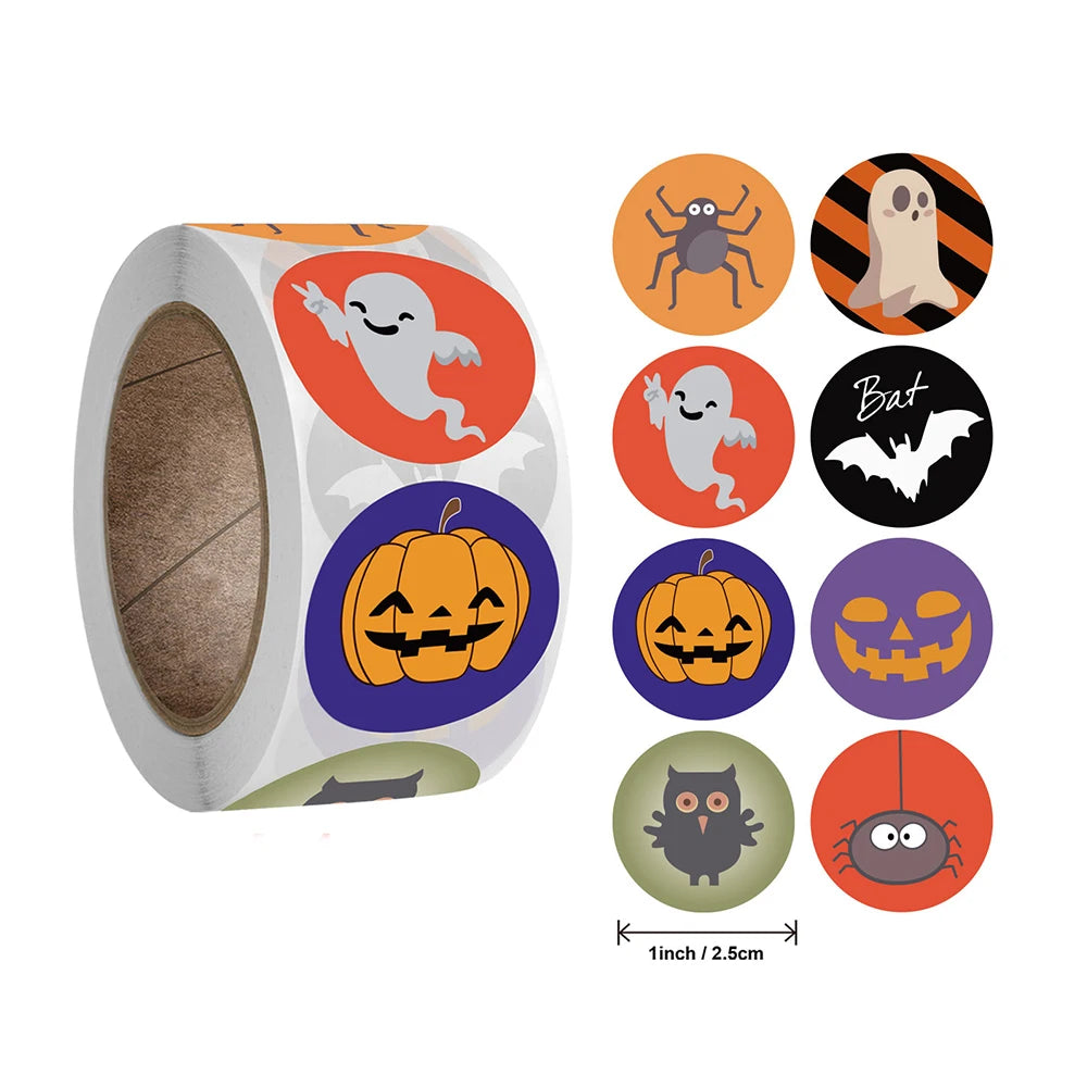 Roll of Halloween stickers featuring ghosts, pumpkins, a spider, an owl, and a bat. Each sticker is 1 inch in diameter with colorful backgrounds.