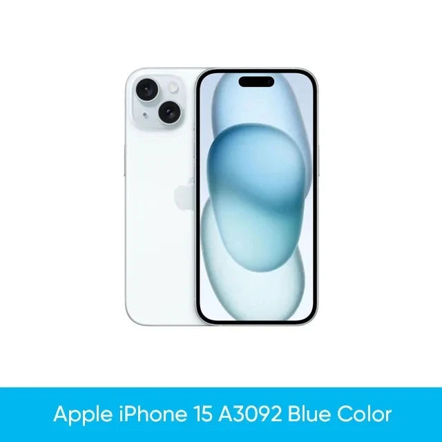 Front and back view of a blue Apple iPhone 15 A3092, showing dual rear cameras and the display with a blue abstract design on a white background.