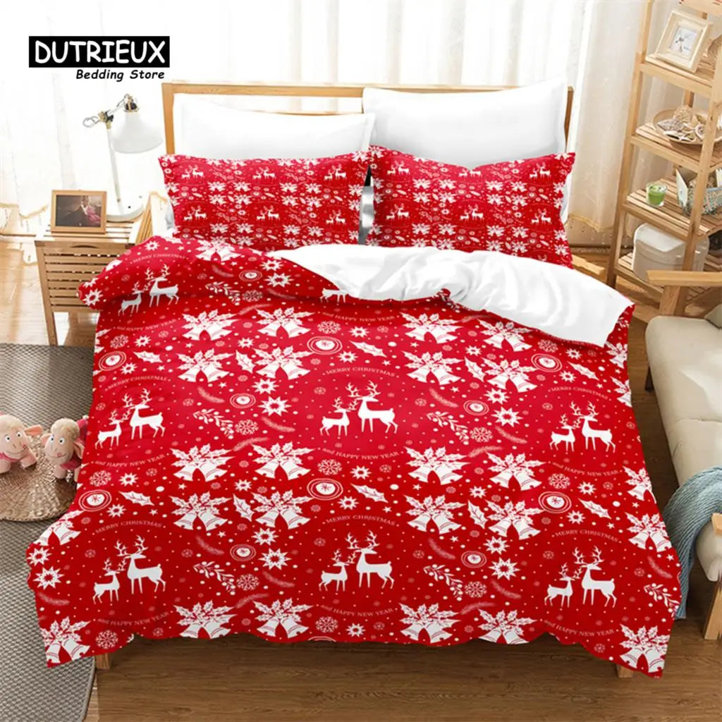 Festive red bedding set featuring white reindeer and snowflake patterns. The room includes a wooden bedside table, a small lamp, and plush toys on the floor.